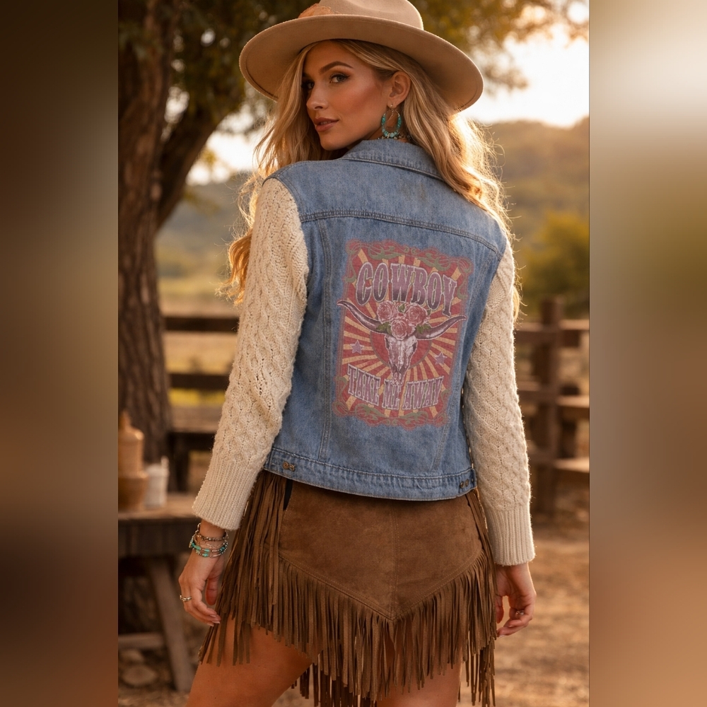 Upcycled POL Handcrafted Western Boho Jean Jacket With Sweater Sleeves, Size Med